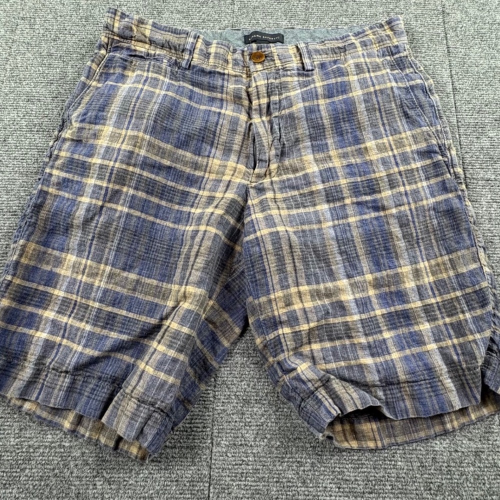 Banana Republic Mens Blue Plaid 100% Linen Shorts Size 33